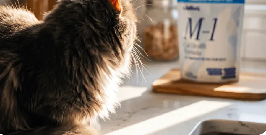 Cat gazing at a Meows M-1 pouch on a sunny kitchen counter