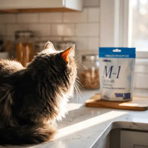 Maine Coon cat gazing at a Meows M-1 pouch on a sunny kitchen counter