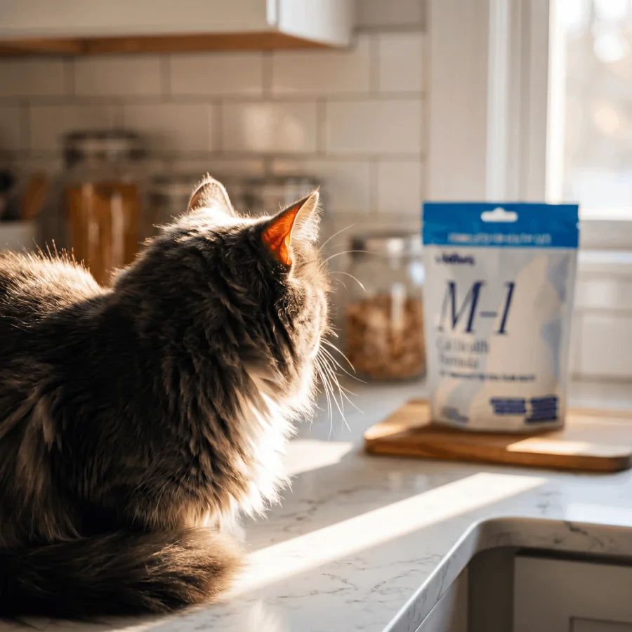 Fluffy cat next to Meows M-1 bag in a sunlit kitchen